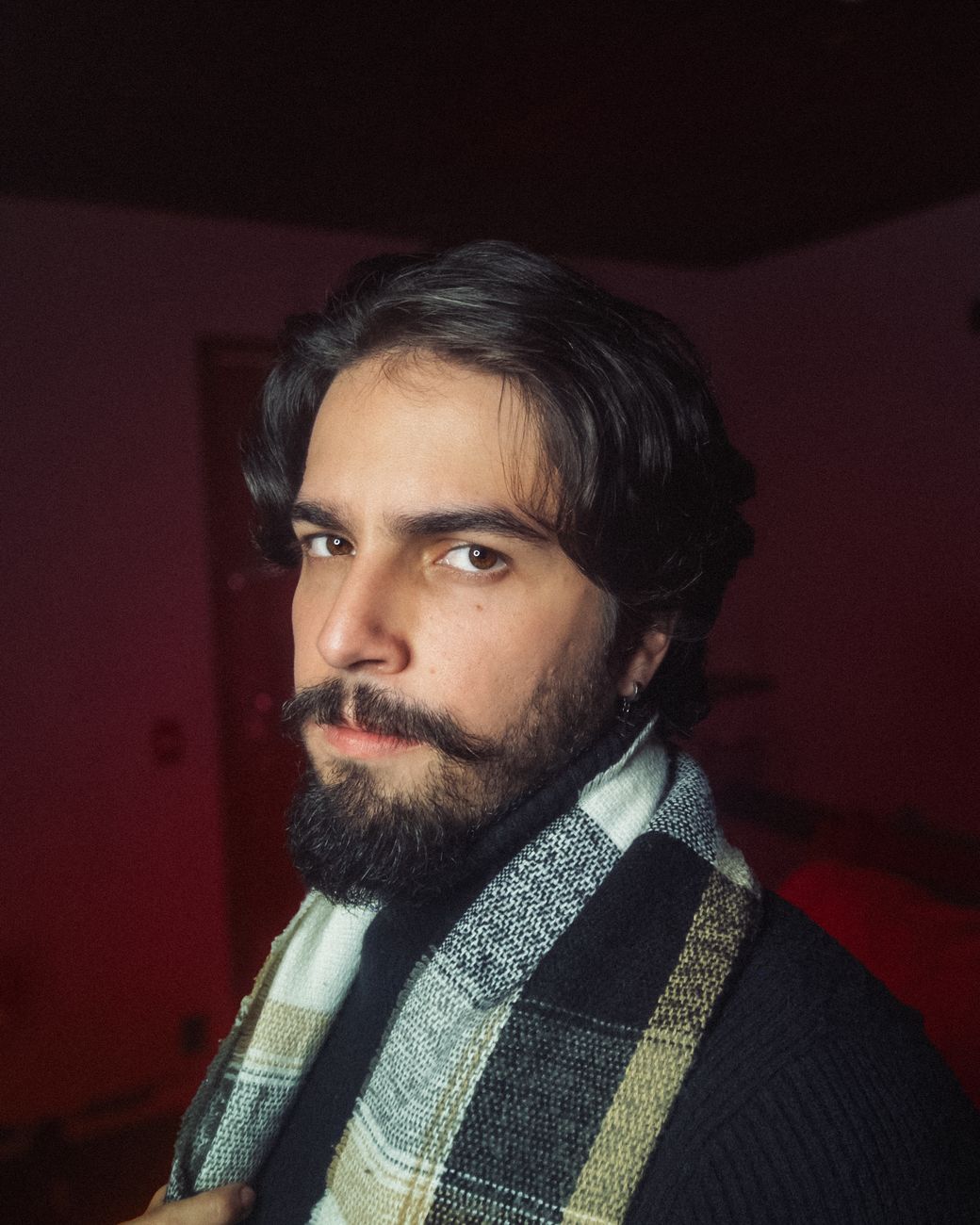 Homme aux cheveux mi-longs ébouriffés et à la barbe fournie, écharpe à carreaux